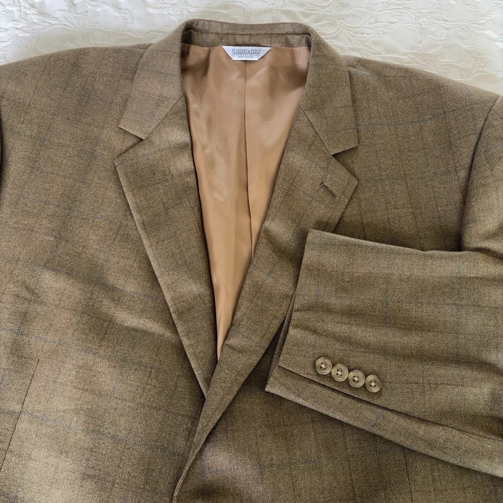 Joseph & Feiss 52R Silk Wool Sport Coat Blazer Tan Brown Windowpane 2 Button